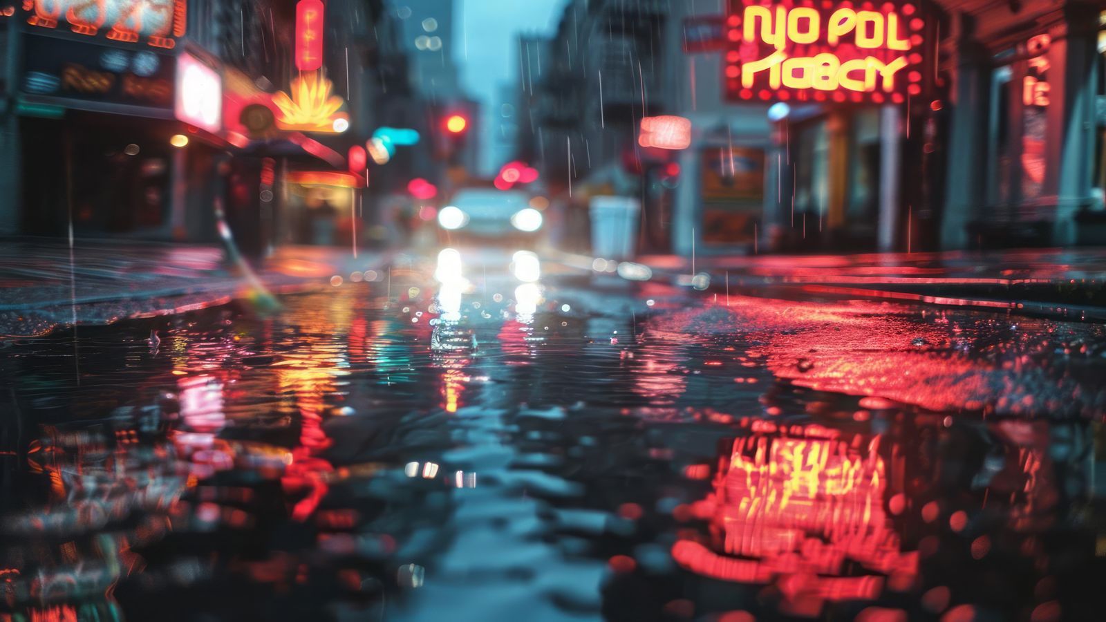 Dark urban streetscape at night with neon reflections on wet pavement in a Japanese city district